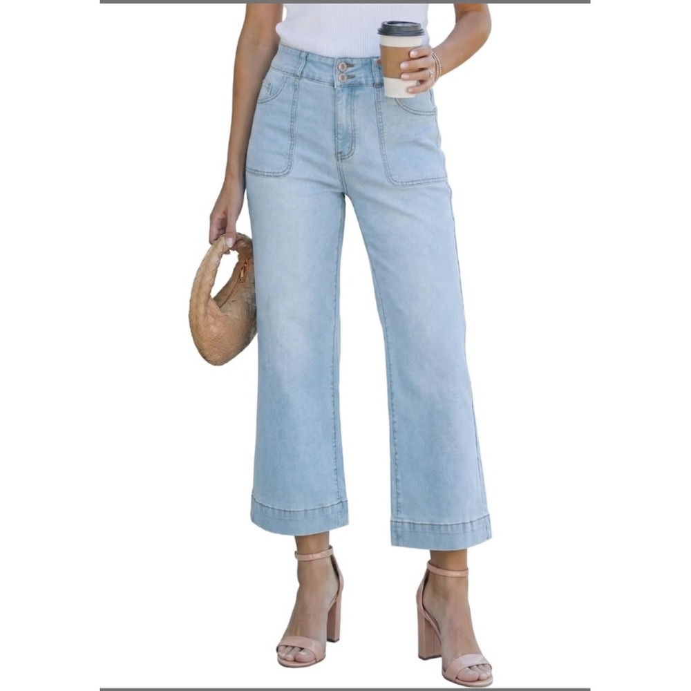 Cropped Women Light Wash High Waist Wide Leg Denim Jeans Y2K Pocket 2